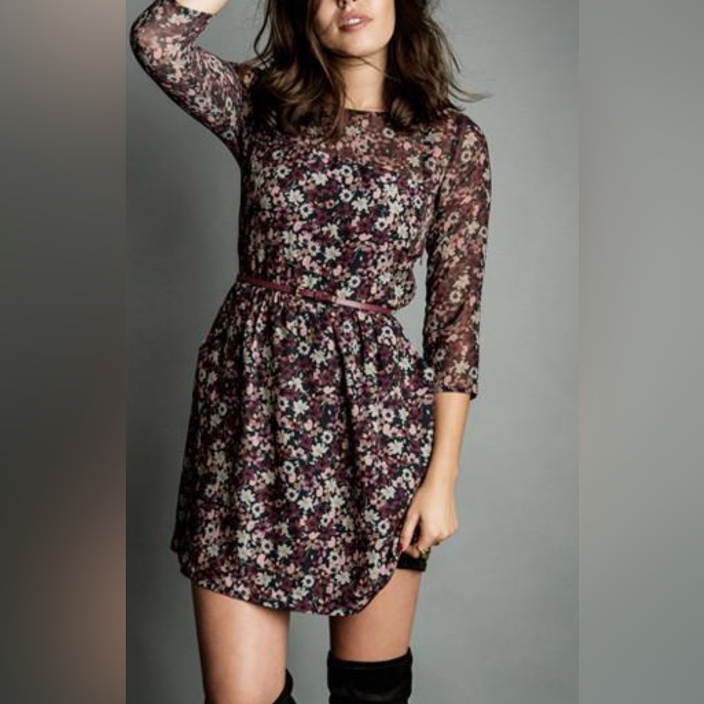 Stradivarius Floral Long Sleeve Dress - Black and Pink